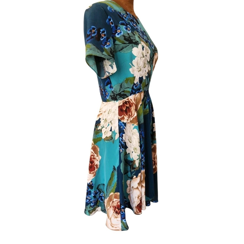 Anthropologie Corey Lynn Calter Floral Dress Teal Blue Size 2 A-line Summer - Picture 2 of 8